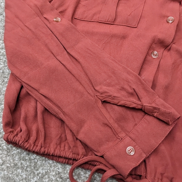 (2/$25) No Boundaries coral full sleeve button down shirt ruched waist tie - Picture 8 of 14